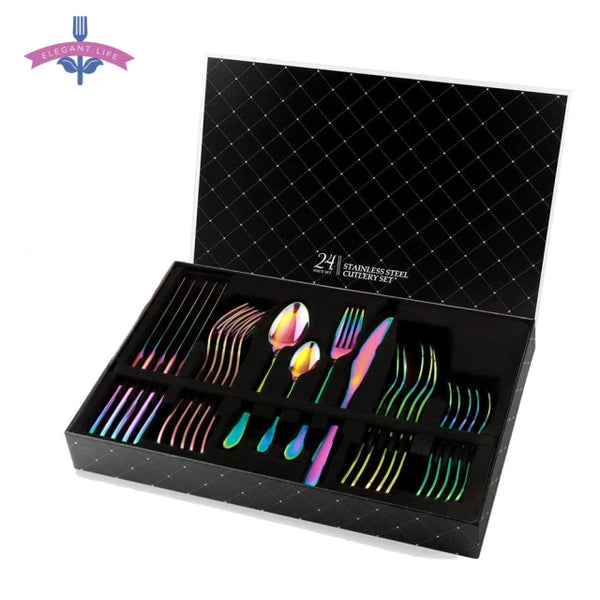 24 PCS Cutlery Stainless Steel Gold, Silver, Rainbow, and Black Dinnerware Set