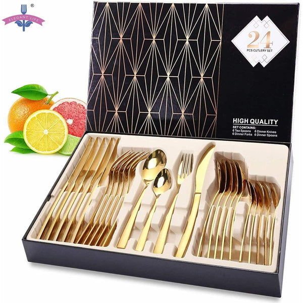 24 PCS Cutlery Stainless Steel Gold, Silver, Rainbow, and Black Dinnerware Set